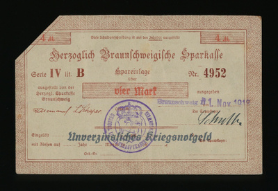 Saksa 4 Mark, Braunschweig 1.11.1918, Serie IV lit. B, VF