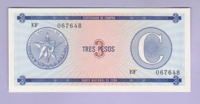 Kuuba 3 Pesos Serie C v.1985- UNC (Certificado de Compra)