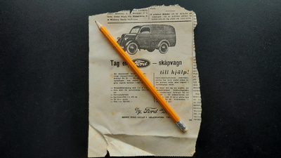 Ford pakettiauton lehtimainosleike 1949