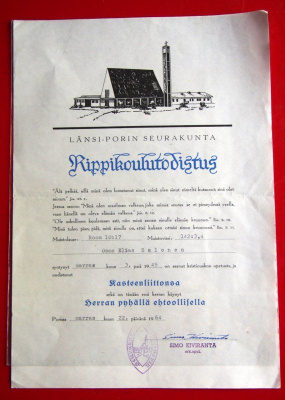 RIPPIKOULUTODISTUS  Länsi-Porin seurakunta 1964