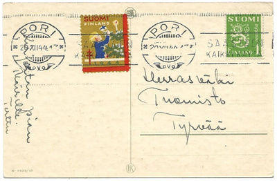 Tub Joulumerkki 1944 Kuusenkoristaja kortilla