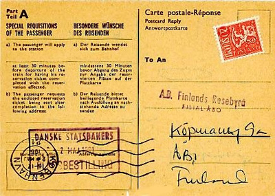 1956 20 (mk) pun.leijona leimaton vastauskortilla Tanskasta