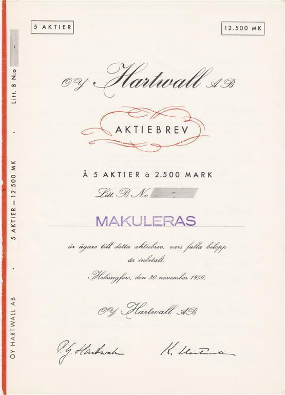 OKK 1950 Hartwall Oy bla, Helsinki pörssi osakekirja