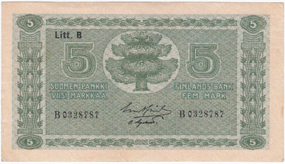 5 Markkaa 1922 Litt.B, B-sarjaa, kl.7