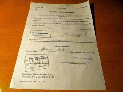1942 Mäntyluoto VR + Porin siirtoväen Huoltojohtaja lomake
