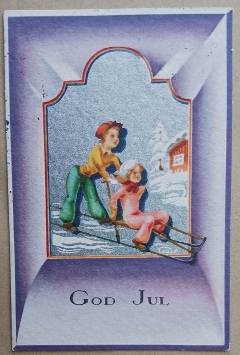 Lapset laskevat potkukelkalla, hopeataus, kehys, p. 1935