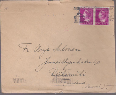 16.V.47 HOLLANNISTA KUORI SUOMEEN RIIHIMÄELLE + KIRJE SISÄLL