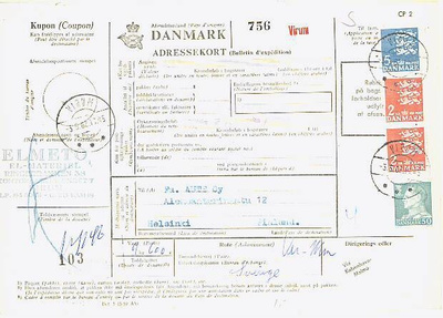 Tanska Mi 291 ym pakettikortti Suomeen