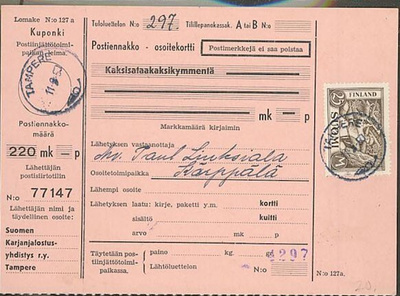 M30 1930 25mk puunhakkaaja postiennakkokortiti