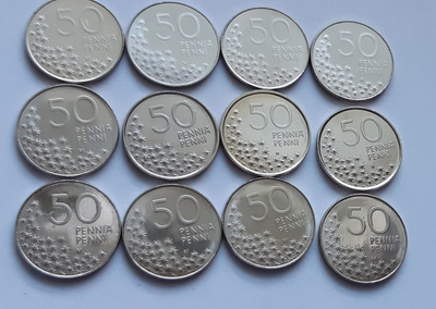 50 penni vuodet 1990 - 2001, yhteensä 12 kpl, UNC