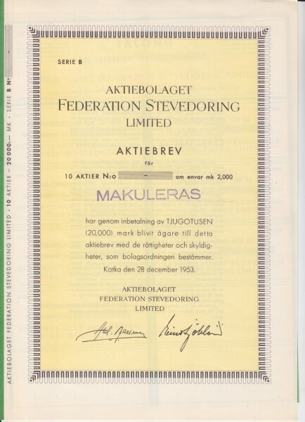 0sakekirja AB  Federation stevedoring limited  Kotka.