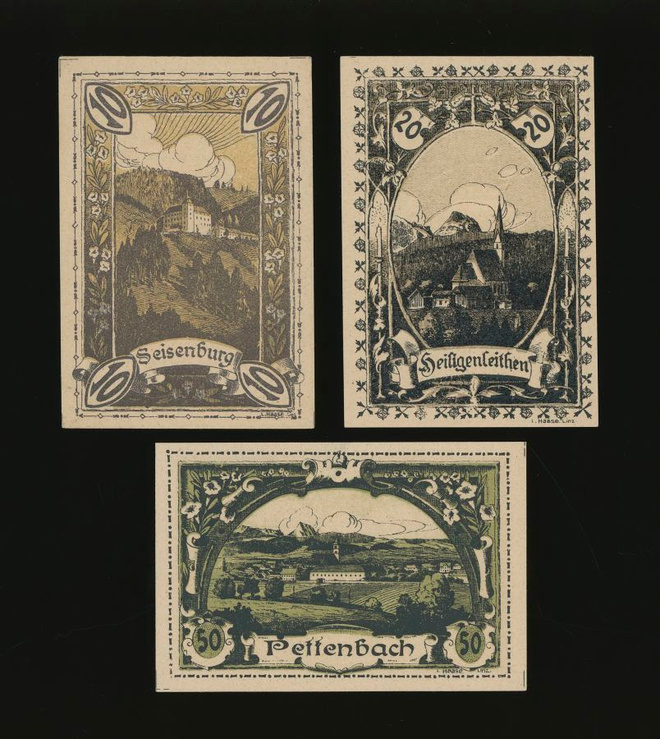 Itävalta Notgeld 10, 20, 50 Heller, Pettenbach 1920
