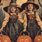 Halloween kaksi tyttöä, noitahatut, kurpitsat - pikkukuva 1