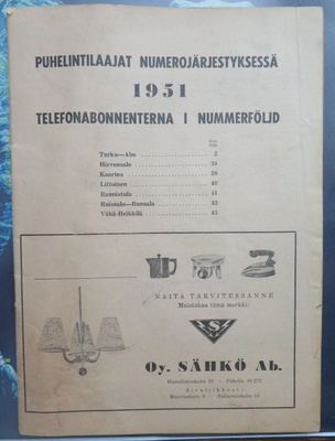 PUHELINTILAAJAT NUMEROJÄRJESTYKSESSÄ 1951 - Turun alue -
