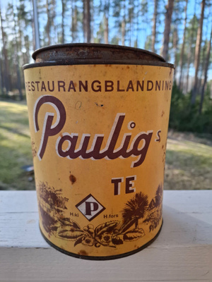 Vintage isohko peltinen teepurkki Paulig