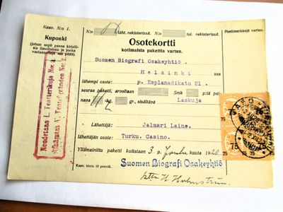1920 Turku Suomen Biografi Osakeyhtiö pakettikortti