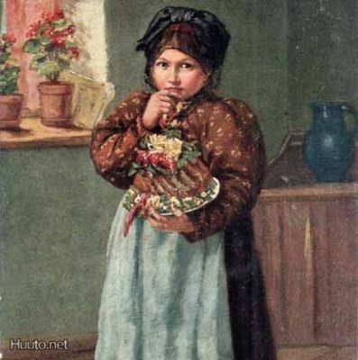LAPSET / Soma pieni tyttö, kakku ja kukkia. 1900-l.
