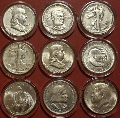 9 x USA 1/2 Dollar 900 hopea rahoja - hopean hinnalla.