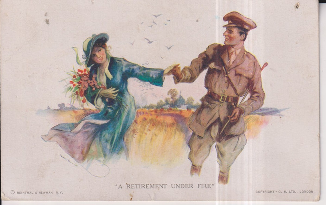 "A Retirement under fire".  Nainen ja sotilas , piirros, e33