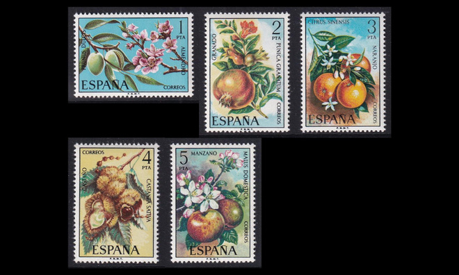 Espanja 2146-50 ** Hedelmänkukkia ja hedelmiä (1975)