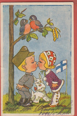 Arnold Tilgmann Tyttö, poika ja koira, takana suomen lippu