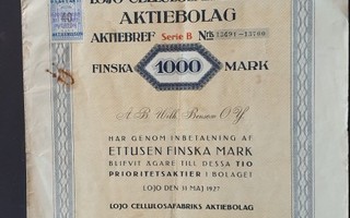Lohja, osakekirja Lojo Cellulosafabriks Ab osakekirja pörssi
