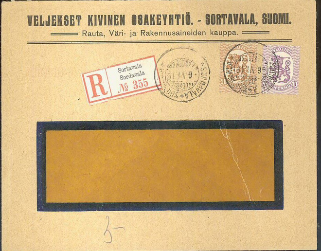 Firmakuori Veljekset Kivinen - Sortavala, R-kirje 1919
