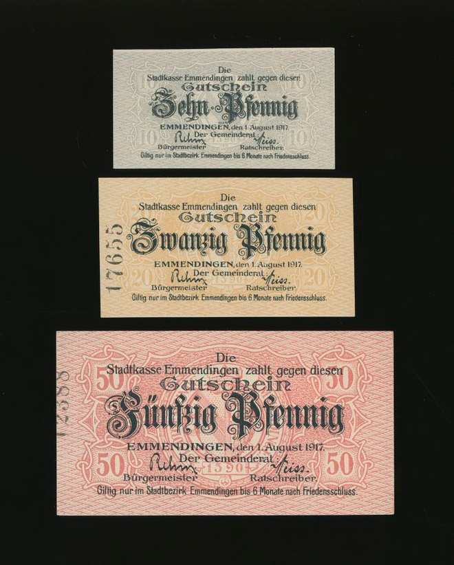 Saksa Notgeld 10, 20, 50 Pfg, Emmendingen 1.8.1917