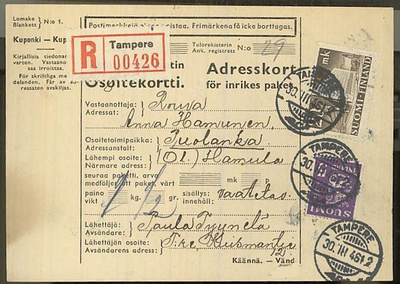 M30 1945 20mk postitalo ym R-paketti