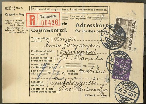 M30 1945 20mk postitalo ym R-paketti
