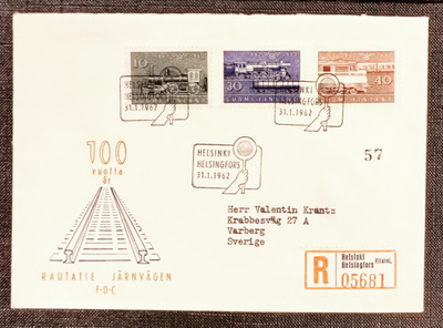 1962 FDC Rautatie 100 vuotta, R-kuori Ruotsiin