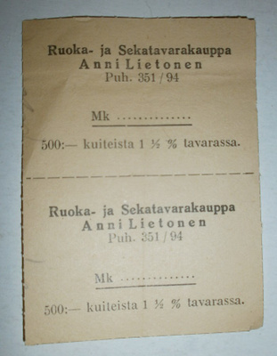 Ruoka- ja sekatavarakaupan ostohyvityskuponkeja 2 kpl R:mäki