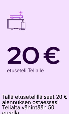 Telia 20eur lahjakortti, voim 22.10.2026 asti