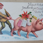 Possu kantaa lahjoja, tonttu pitelee saparosta, p. 1937 - pikkukuva 1