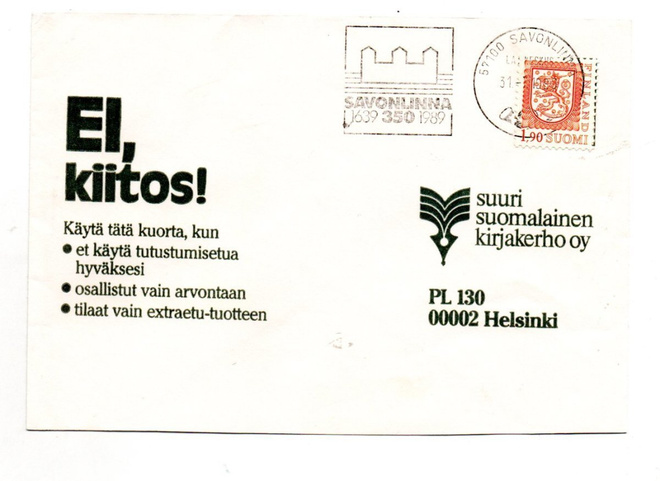 Savonlinna:350 vuotta  (erikoisleima ?  31.7.1989)