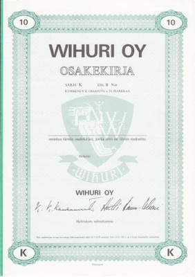 OKK 1986 Wihuri Oy spec, Helsinki osakekirja