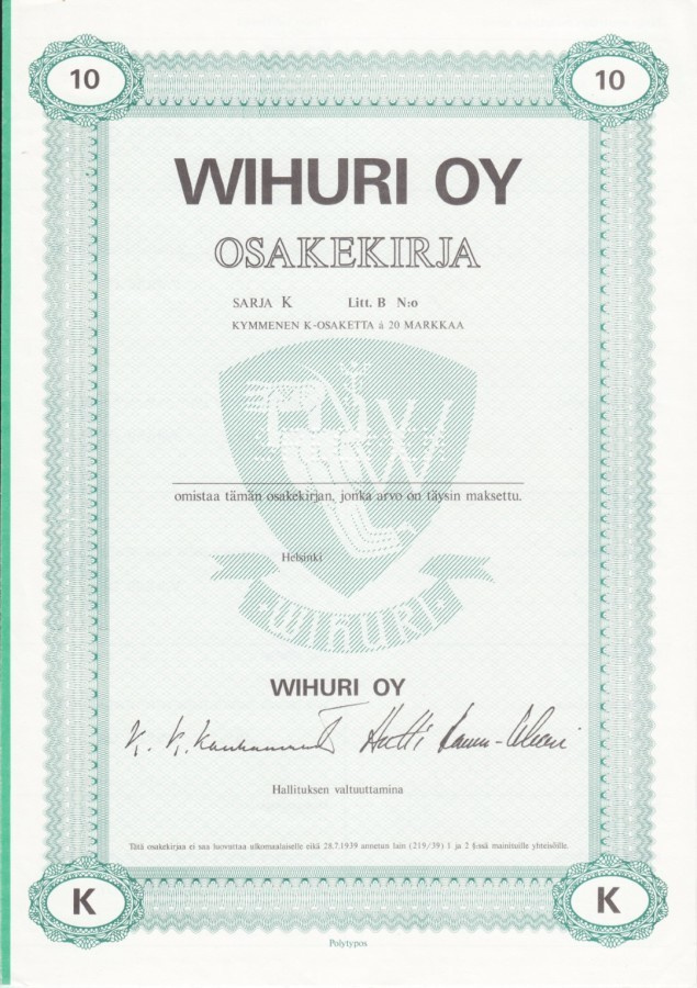 OKK 1986 Wihuri Oy spec, Helsinki osakekirja