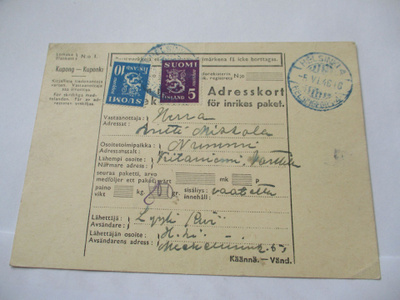 1946 Helsinki 4 sininen leimaus osoitekortilla