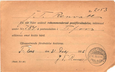 SISÄÄNKIRJOITUS KORTTI HÄMEENLINNA VUOSILUKU 1 VÄÄRINP.