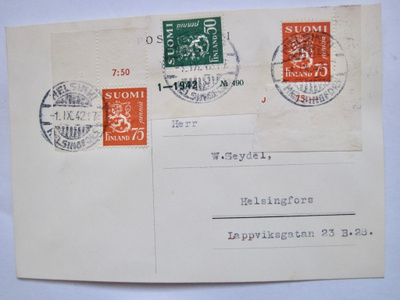 VANHA FDC Kortti Ensipäiväleima 1.IX.1942 Yleismerkki 75 p