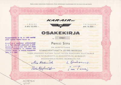 OKK 1959 Kar-Air Oy (Karhumäki), Helsinki pörssi