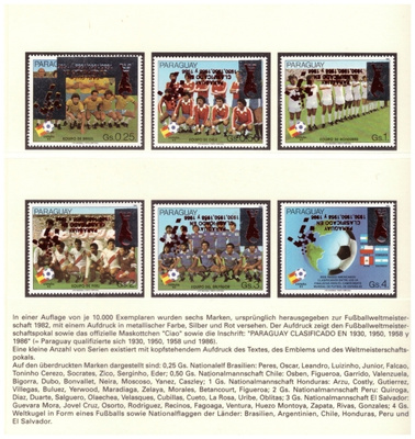 6 x PARAGUAY Jalkapallo Postimerkkiä 1990/ITALIA Foil
