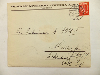 VANHA Firmakuori Kouvola Voikkaan Apteekki 1938