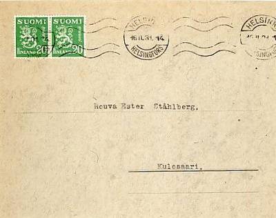 M30 1930 20p vihreä pari painotuotekuori