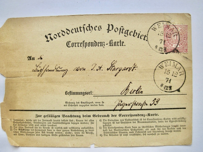 VANHA Postikortti North Germany Pohjois-Saksa Weimar 1871