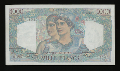 Ranska 1000 Francs 1.9.1949, Minerva ja Hercules, P130b XF-