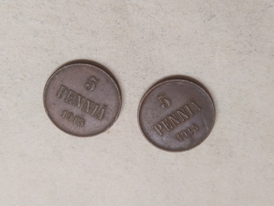 5 penniä Cu 1915 2 kpl