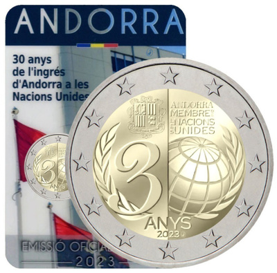 ** ANDORRA 2€ 2023 YK-jäsenyys 30 vuotta kortissa **