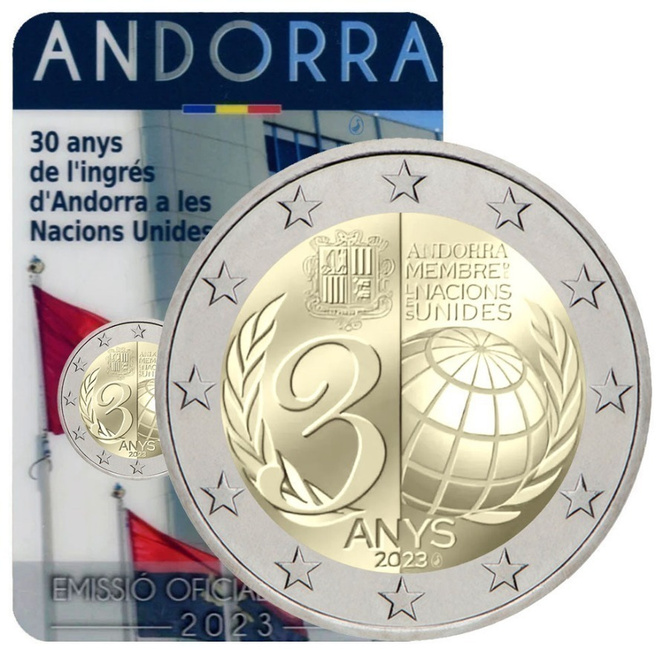 ** ANDORRA 2€ 2023 YK-jäsenyys 30 vuotta kortissa **