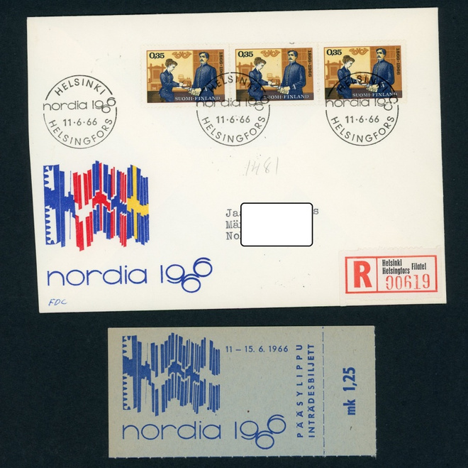 FDC 1966 Postimerkkinäyttely R-kuori + tuloleima ja lippu